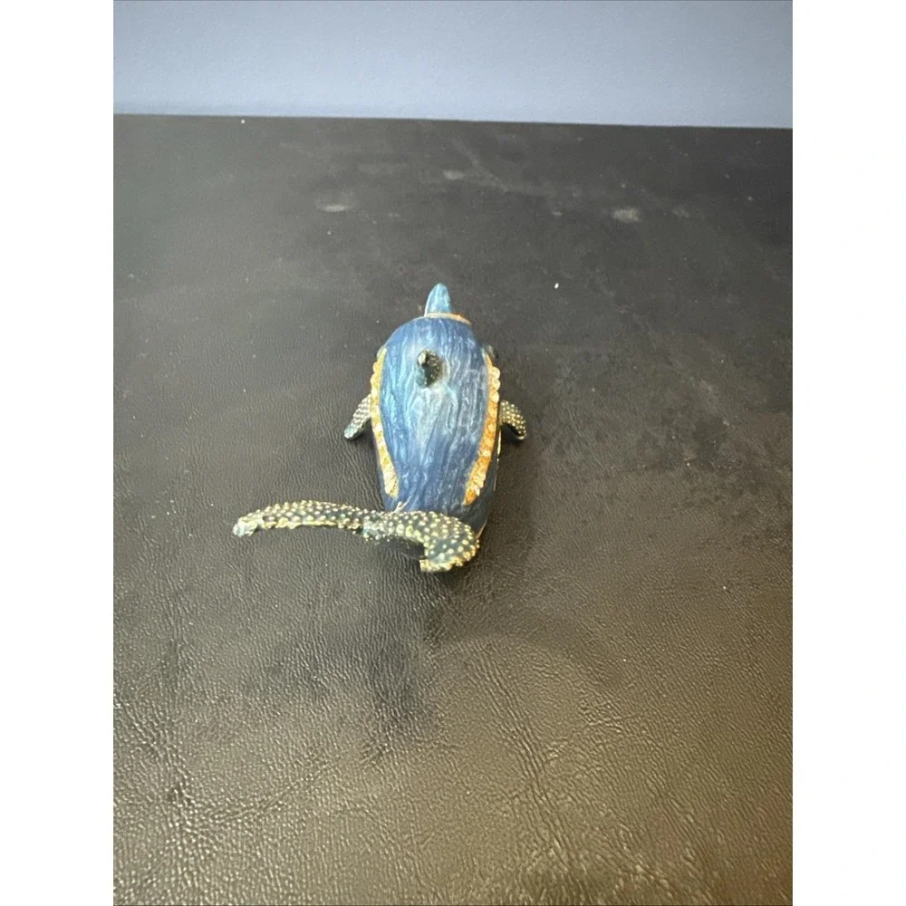 Enamel Trinket Box‎ Blue Dolphin Porpoise Fish Rhinestones Ocean Beach 3 1/2